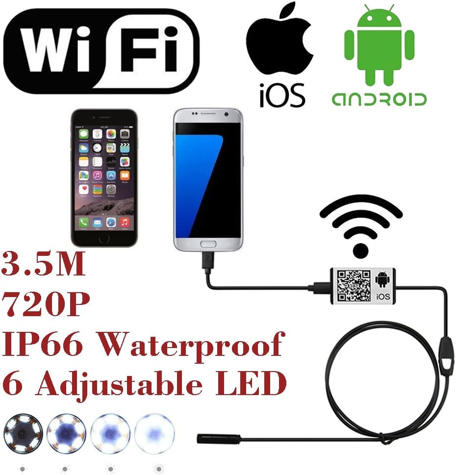 WiFi Wireless Digital Endoscope Borescope Snake Inspection Camera System for iPhone iOS ipad Samsung Android Smartphone Cellphone with 6 led Light, 9mm, 2 Megapixels, 720P HD, IP66 (3.5M)