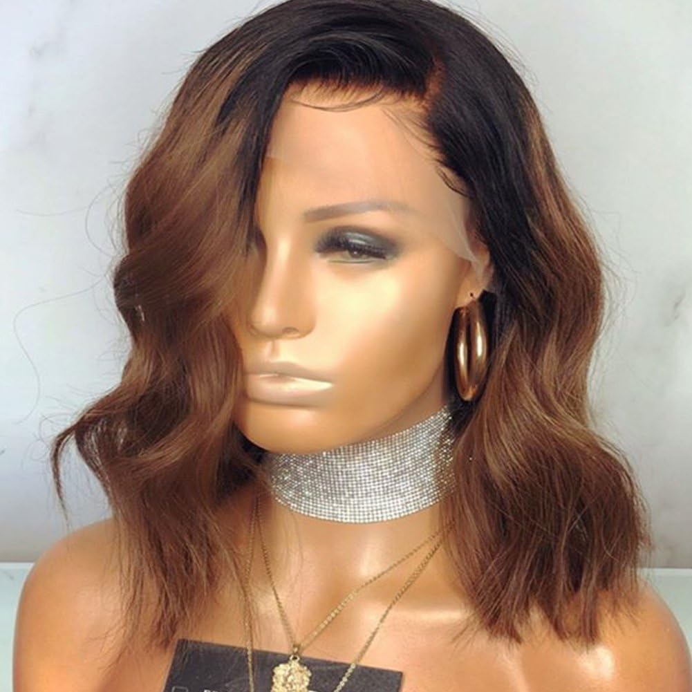 Wowsexy Hair Ombre 1B/30 Wavy Short Bob Lace Front Human Hair Wigs for African American Women Brazilian Virgin Hair Two Tone Lace Wigs with Pre-plucked Hairline (12 inch Lace Front Wig, 1B30 Wavy)