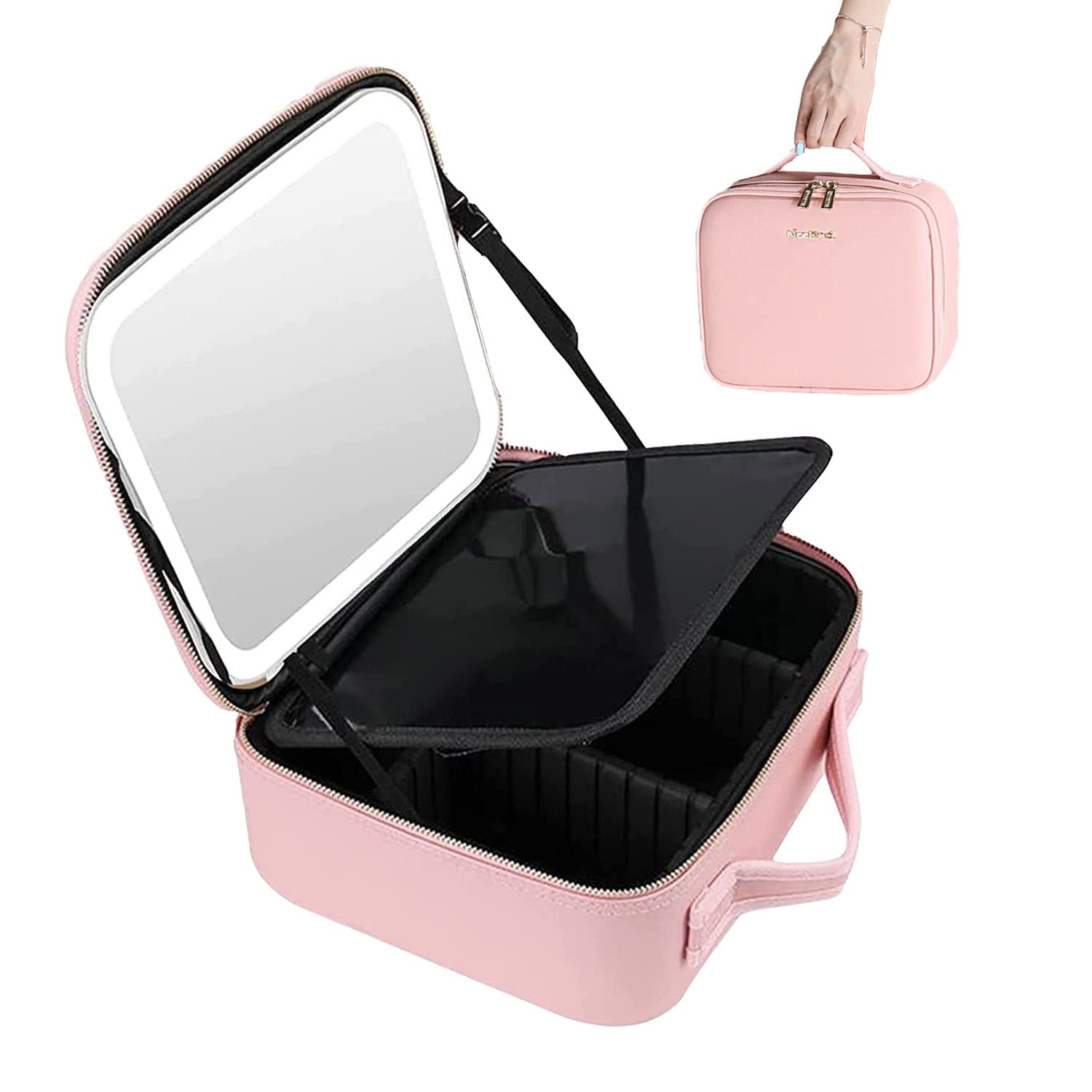 Cosmetic Bag with Mirror and Light, Portable Travel Cosmetic Bag with LED Mirror, Waterproof, Brightness Adjustable Makeup Bag with Makeup Brush Storage Bag, pink, makeup bag with mirror and light