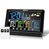 Geevon Weather Station Wireless Indoor Outdoor Thermometer 3 Sensors, Color Display Digital Temperature Humidity Monitor with Barometer, Calendar, USB Charge and Adjustable Backlight