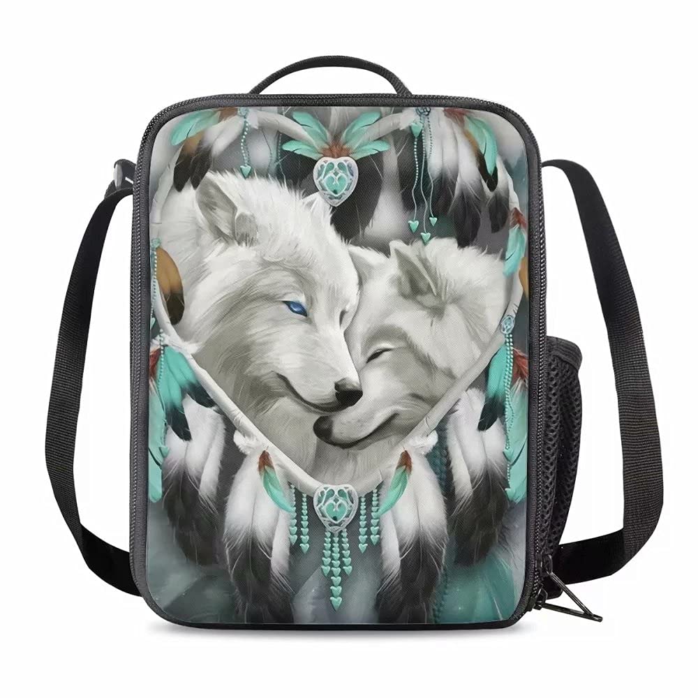 chaqlin Dream Catcher Wolf Lunch Bag for Kids, Insulated Boys Lunch Boxes Children’s Lunch Tote with Bottle Holder and Detachable Adjustable Shoulder Strap