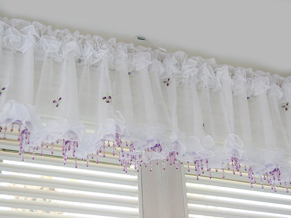 Purple Beads Valance Curtain Sheer Embroidered Kitchen Bedroom Window Treatment Decor