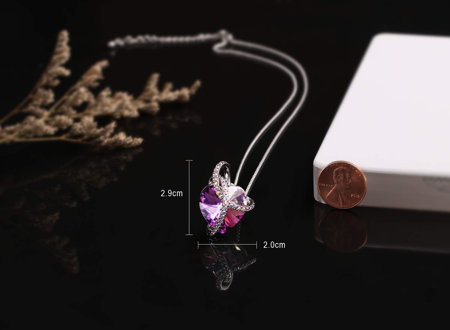 Swarovski Element Necklace Color Changing Crystal Courageous Love Heart Pendant Necklace for Women, Birthday Birthstone Jewelry Gifts for Girl, Amethyst Purple Pink, 18\