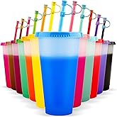 EASEVE 12 Pack 24oz Color Changing Cups Tumblers with Lids & Straws Cover - Reusable Plastic Iced Coffee Cup Party Tumbler fo