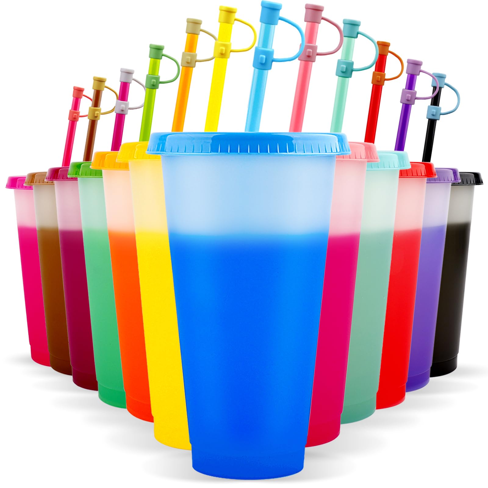 EASEVE 12 Pack 24oz Colour Changing Cups Tumblers with Lids & Straws Cover - Reusable Plastic Iced Coffee Cup Party Tumbler for Adults Travel Mugs for Drinks (with Straw Cover)
