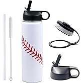 22 oz Baseball Water Bottle, Sports Flask Metal Travel Tumbler with 2 Lids, Stainless Steel Double Wall Vacuum Insulated Leak Proof Water Bottles, Baseball Accessories Stuff Gifts for Mom Boys Girls
