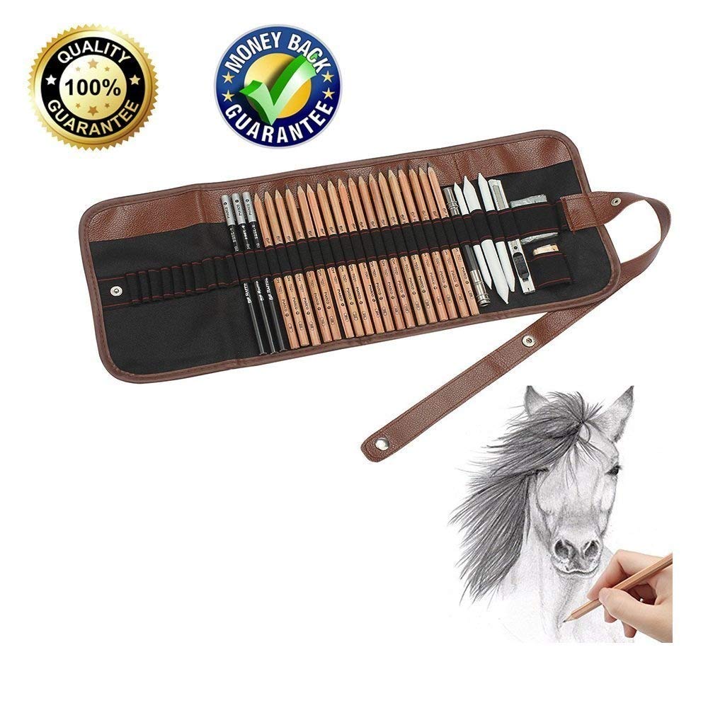 Sketch Pencil Set,Morkia 18pcs Sketching Pencil with 3 Charcoal Pencil 2 Eraser 3 Paper Pens 1 Pencil Sharpener 1 Pencil Extender with Roll Up Canvas Carry Pouch Set Art Craft 29pcs in Total for Beginners Artist Student
