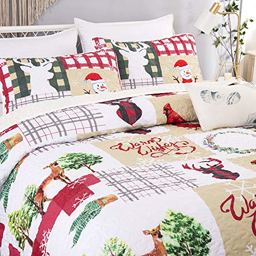 Christmas Quilt Set Rustic Christmas Santa Tree Snowman Pattern Printed Bedding Solid Quilted Bedspread Coverlet with 2 Pillow Shams for All Seasons, Soft Microfiber Quilt 90*90 inches (Queen, 3Pcs)