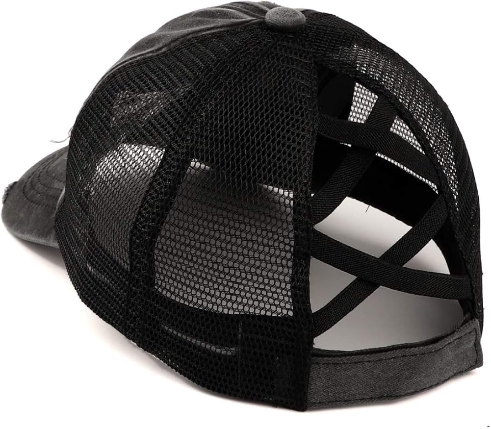 Womens Criss Cross Ponycap Distressed Messy High Bun Ponytail Baseball Cap Vintage Unconstructed Dad Hat Black at  Women’s Clothing store