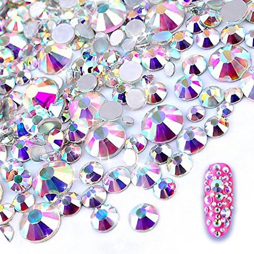 MOPRETTY Crystal Ab Nail Rhinestones 600pcs Gems Silver Flatback Rhinestone Round 2mm - 6mm Mixed Sizes SS3 SS4 SS5 SS6 SS12 SS20