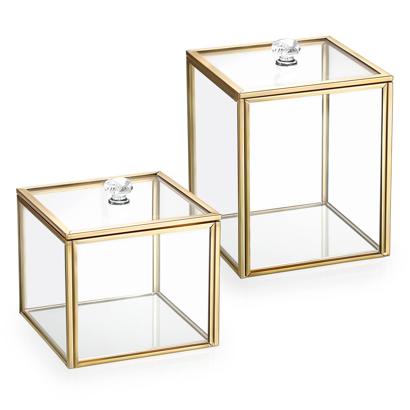 SUMTree 2 PCs Qtip Cotton Ball Holder Gold Glass Qtip Dispenser with Lid, Floss Swab Bathroom Storage Jar Canister with Crystal Handle, Glass Storage Jar for Kitchen Bathroom Dressing Table