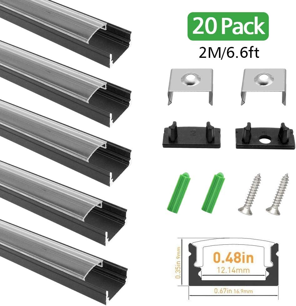 LightingWill Clear LED Aluminum Channel U Shape 6.6Ft/2M 20 Pack Anodized Black Extrusion for <12mm 5050 3528 LED Flex/Hard Strip Lights with Covers, End Caps, and Mounting Clips TP-U02B20