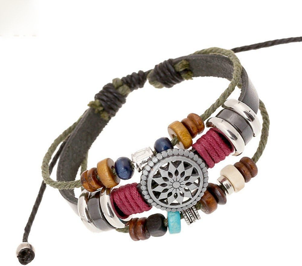 Nice Buckeye Window Papercuts Antiqued Style Wood Plates Studded Adjustable Length Leather Bracelet