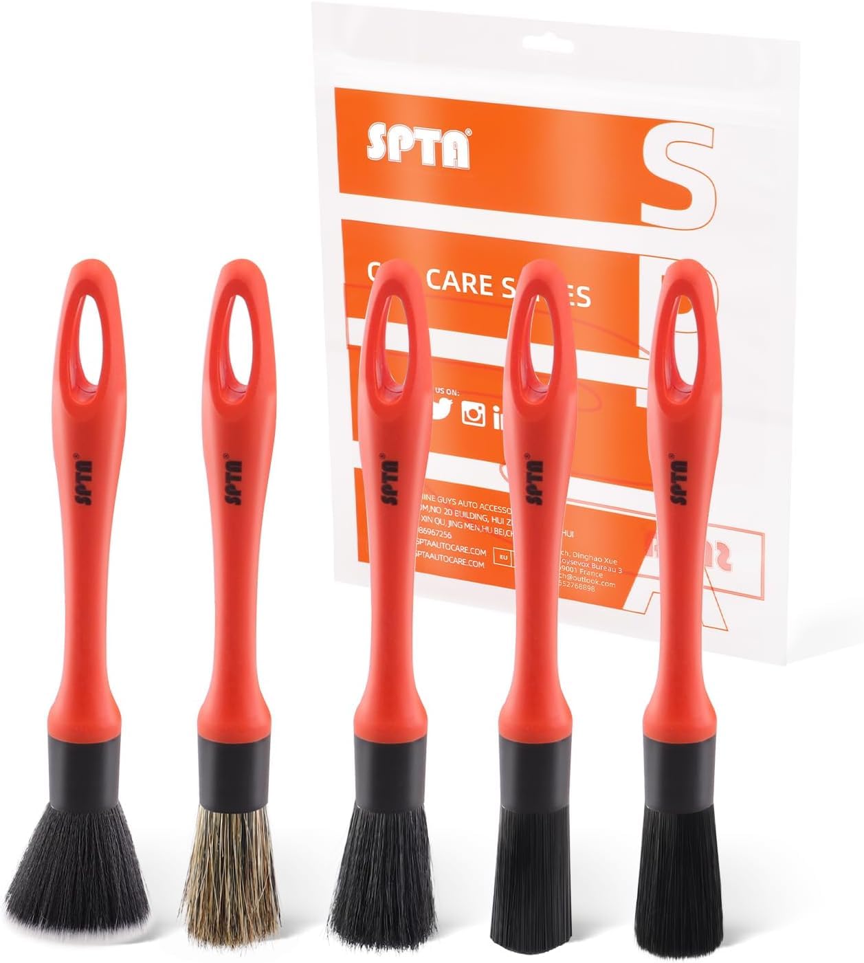 SPTA Detaillierungsbürsten-Set 5 Verschiedene Größen Premium-Naturhaar-Mischfaser-Kunststoffgriff Auto-Detailbürsten zum Reinigen von Rädern, Motor, Innenraum, Lüftungsschlitzen