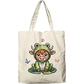 Dlzdn Funny Highland Cow Spring Frog Tote Bag Reusable Shopping Grocery Bag Beach Bag Holiday Gifts for Women Teacher