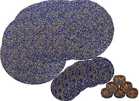 DakshCraft Blue &amp; Golden Beaded Placemat / Tablemat( Dia - 12") with Tea Cup Coaster(Dia - 4") and Napkin Rings, Set of 6- for Christmas Gift, Decorative Item, Gifts Purpose &amp; dining accessories
