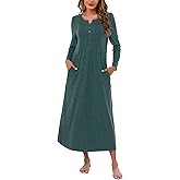 Marvmys Womens Cotton Long Sleeve Nightgowns Soft Ladies Sleep Shirts V Neck Full Length Night Shirts Sleepwear with Pockets