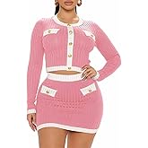MOEENCN 2 Piece Skirt Outfits for Women Long Sleeve Button Crop Top Sexy Bodycon Mini Elegant Dress Party Club Night