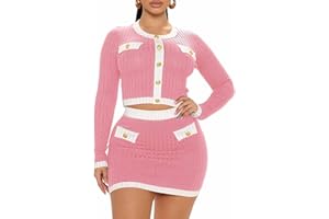 MOEENCN 2 Piece Skirt Outfits for Women Long Sleeve Button Crop Top Sexy Bodycon Mini Elegant Dress Party Club Night