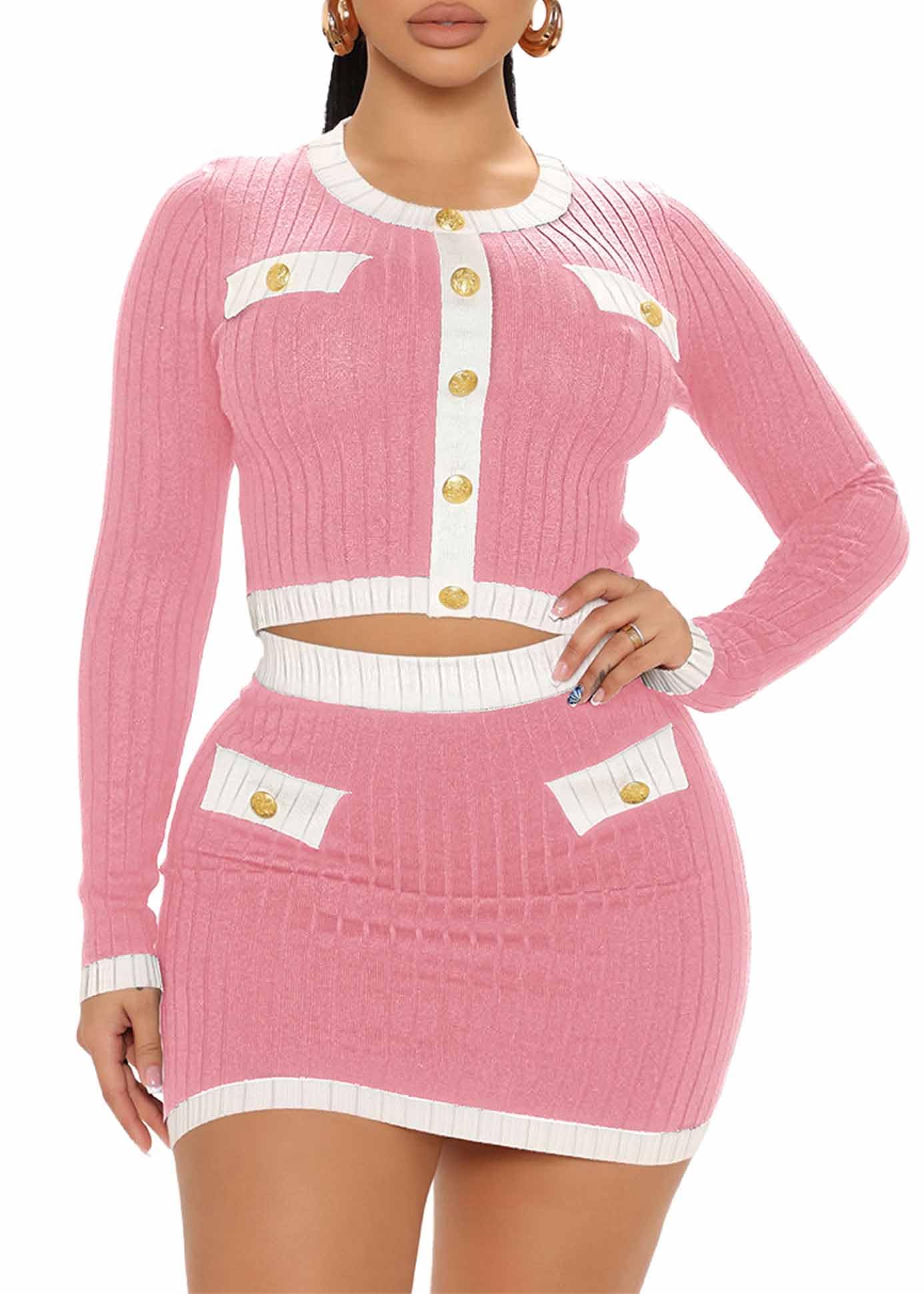 Photo 1 of MOEENCN 2 Piece Skirt Set for Women Bodycon fall Long Sleeve Sweater Crop Top and Mini Dress Outfits Party Clubwear Pink S