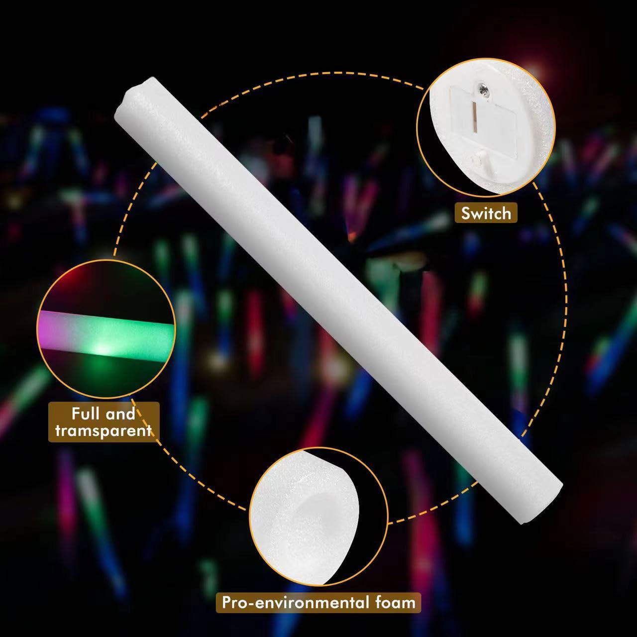 SHQDD 100PCS LED Foam Sticks, Foam Light Up Sticks with 3 Modes Colorful Flashing, Glow in Dark Party Supplies, Glow Stick Bulk Party Pack for Wedding, Raves, Concert, Camping, Sporting Events, Pool
