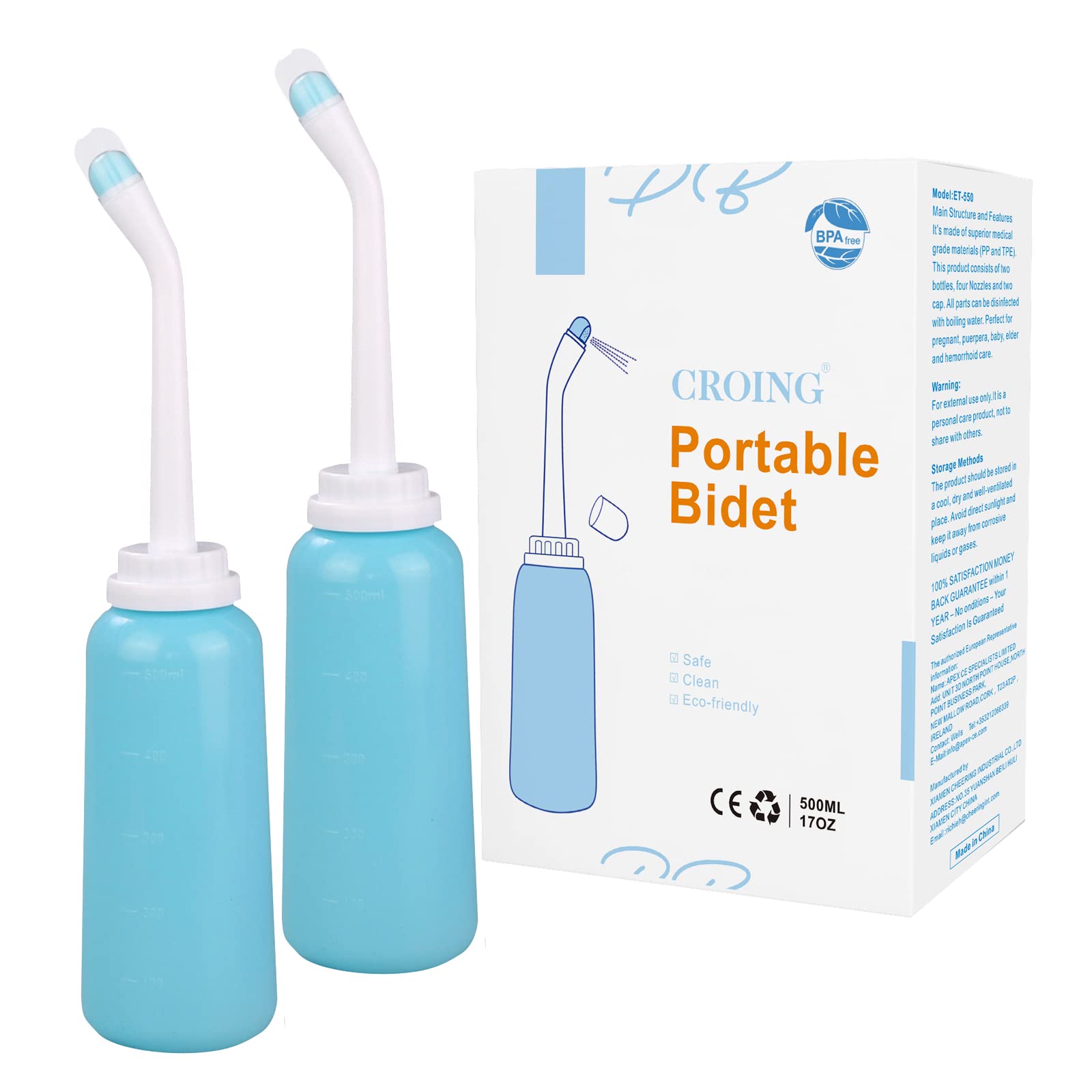 CROING- Pack of 2-500ml Travel Bidet Bottle for Postpartum Essentials - Upside Down Squeeze Flusher Bottle - Portable Bidet (Green)