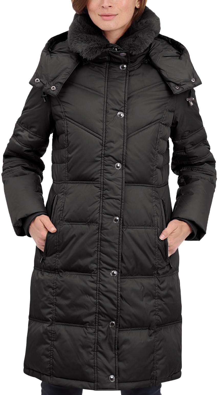 Photo 1 of LONDON FOG Women's Chevron Coat with Faux Fur Trimmed Hood, Black, Large