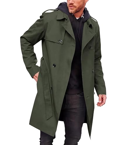 Gsywaipei Men's Hooded Length Trench Coat Casual Windproof Outdoor