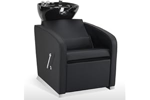 BarberPub Backwash Shampoo Station Chair, Adjustable Porcelain Ceramic Hair Wash Bowl Sink Unit Station, Reclining Shampoo Station Chair for Spa Beauty Salon Hair Salon Equipment 9303 (Black)