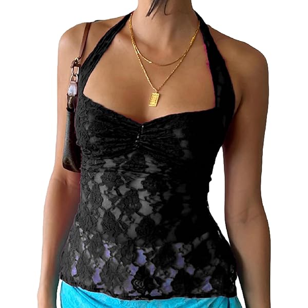 Women Y2K Halter Neck Lace Cami Tops Sleeveless Backless Tie Up