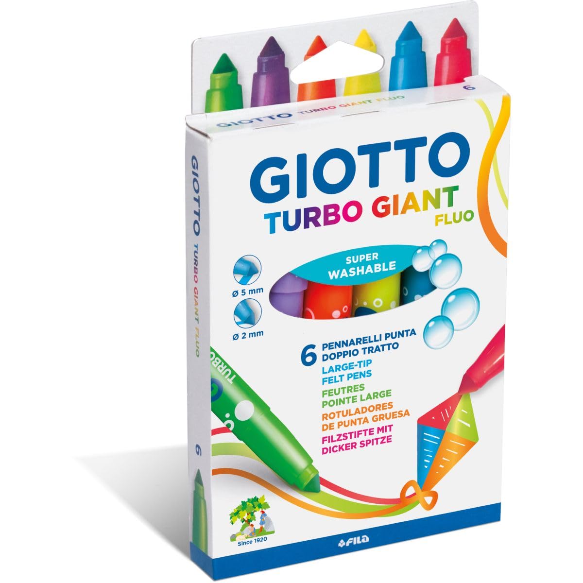 GIOTTO Giant Fluorescent Extra Large Felt-Tip Pens Box of 6 Assorted Colours, Ideal for Young Artists