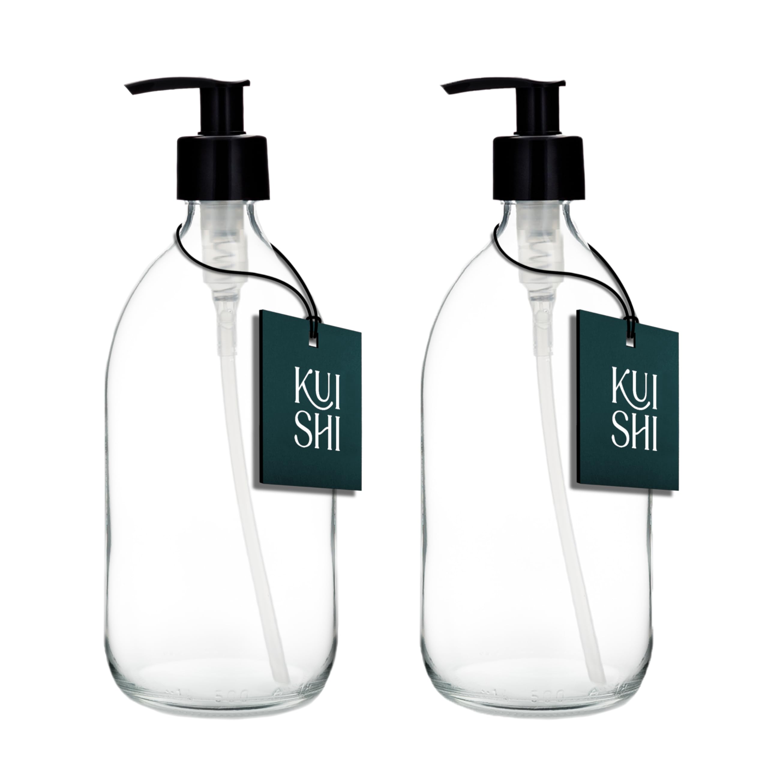 Kuishi 500ml Glass Soap Dispenser with Black Plastic Pump - Pack of 2 Refillable BPA-Free Hand Soap Dispenser for Kitchen & Bathroom, Clear