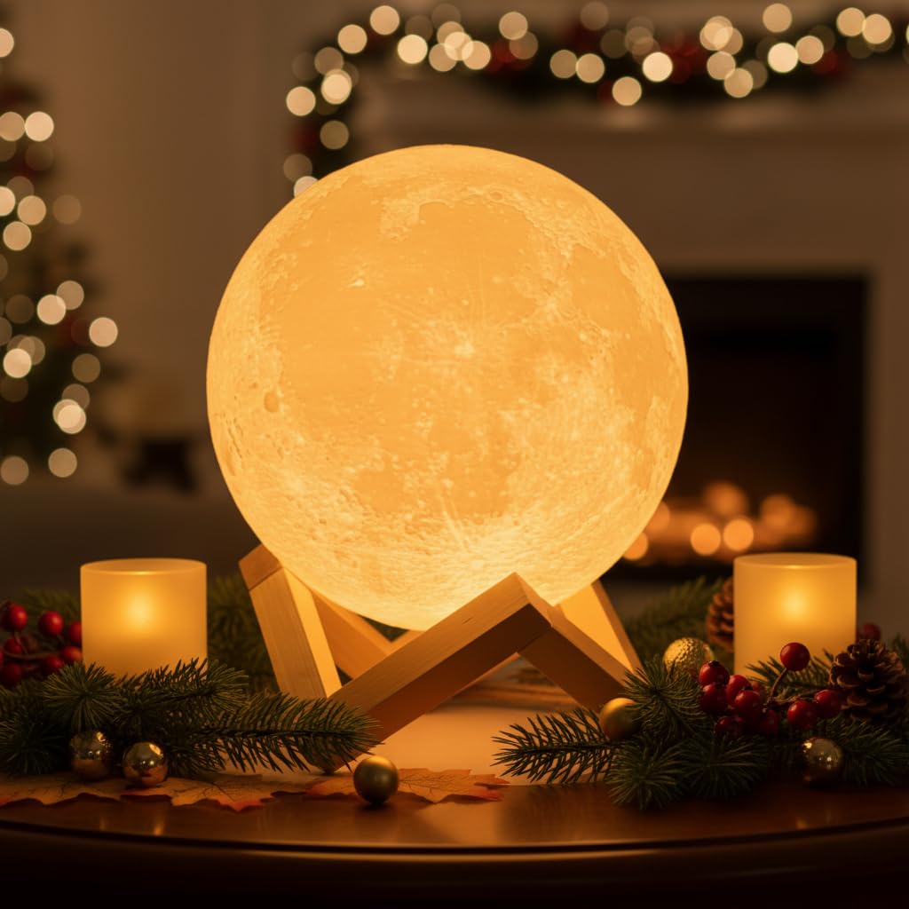 Mydethun Moon Lamp, 7.1 inch - 3D Printed Lunar Lamp - Moon Light - Night Lights for Kids Room, Women, Home Decor, Gifting - USB Charging - Touch Control Brightness - White & Yellow