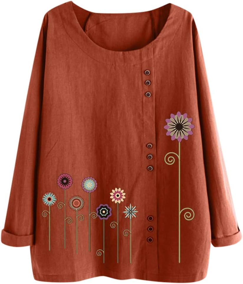 Women's Deep Crew Neck Long Sleeve Floral Pattern Print Chic Button Shirt