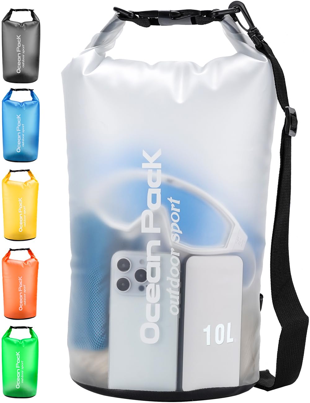 Henrycares Waterproof Dry Bag 20L 10L 5L, Sack with Phone Dry Bag and Long Adjustable Shoulder Strap Included, for Traval, Camping, Hiking, Swimming, Boating, Fishing (White, 10L)