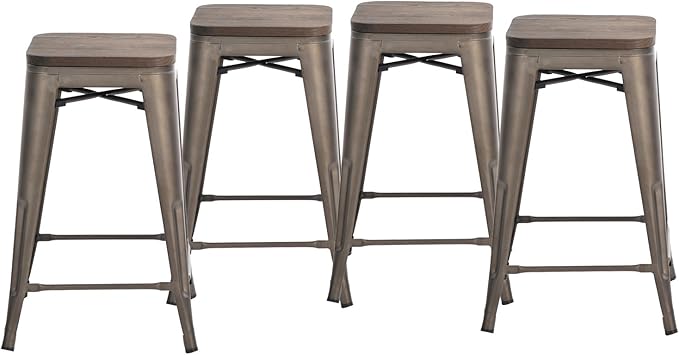 Amazon Com Buschman 24 Inch Counter Height Bronze Metal Bar Stools With Wooden Seat Set Of 4 Indoor Outdoor Stackable Home Kitchen