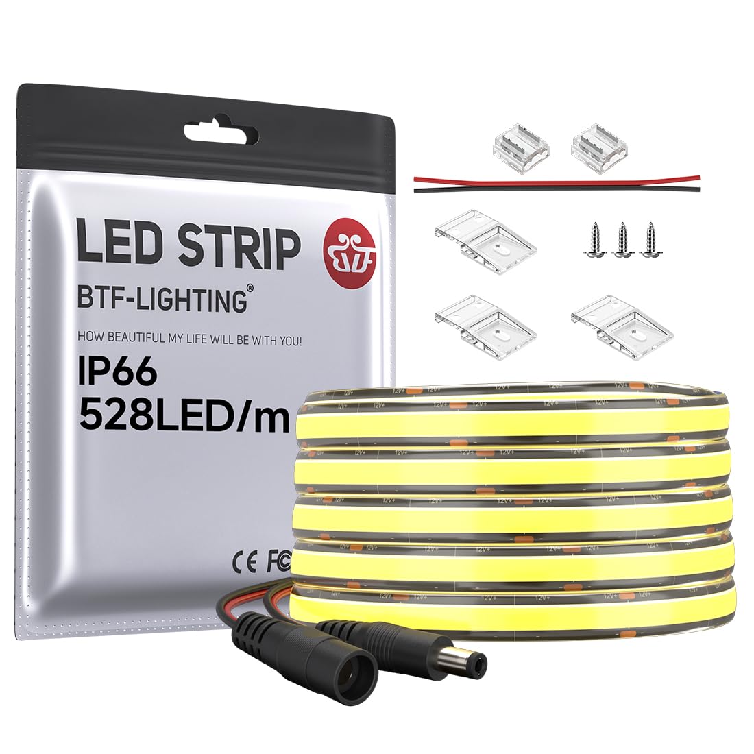 BTF-LIGHTING COB LED Strip Light 5M 528LEDs/m FCOB Dimmable Light Uniformity Flexible High Density Cool White 12V 10mm Width LED Tape Black PCB IP66 for Indoor Decoration(Only LED Strip)