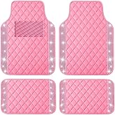 Universal Car Floor Mats with Diamond,Glitter Faux Leather Pink Carpet All Weather Waterproof Crystal Rhinestones Auto Liners Foot Pads Set