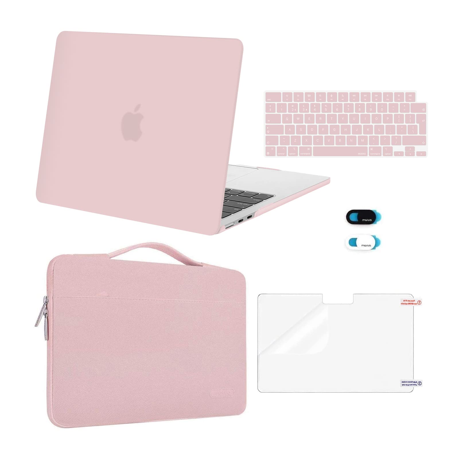 MOSISO Compatible with MacBook Air 13 inch Case M5 M4 M3 M2 2026-2022 A3449 A3240 A3113 A2681, Hard Shell&Sleeve Bag&Keyboard Skin&Webcam Cover&ScreenFilm for MacBook Air 13.6 Case, Baby Pink