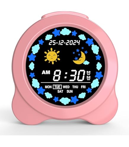 Kids Alarm Clock, Sun & Moon LED Display with Day & Date