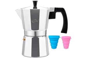 MVPLUE Classic Stovetop Espresso Maker 6 Cup ，Moka Pot Aluminum Silver，Cuban Coffee Maker includes 2 silicone folding cups， Make Delicious Coffee Easily at Home And Camping