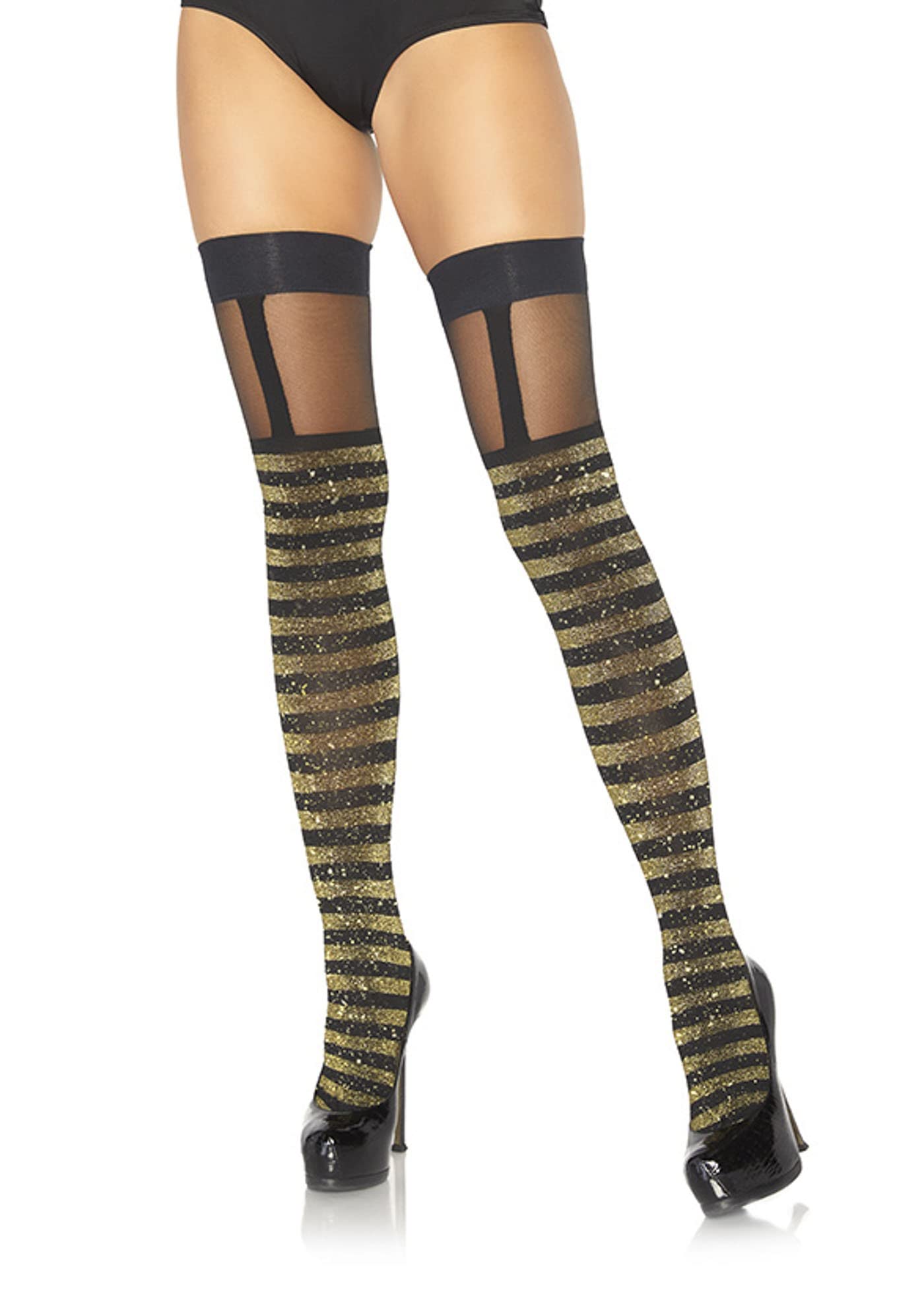Leg Avenue Lurex striped thigh highs, Black, Gold, One Size