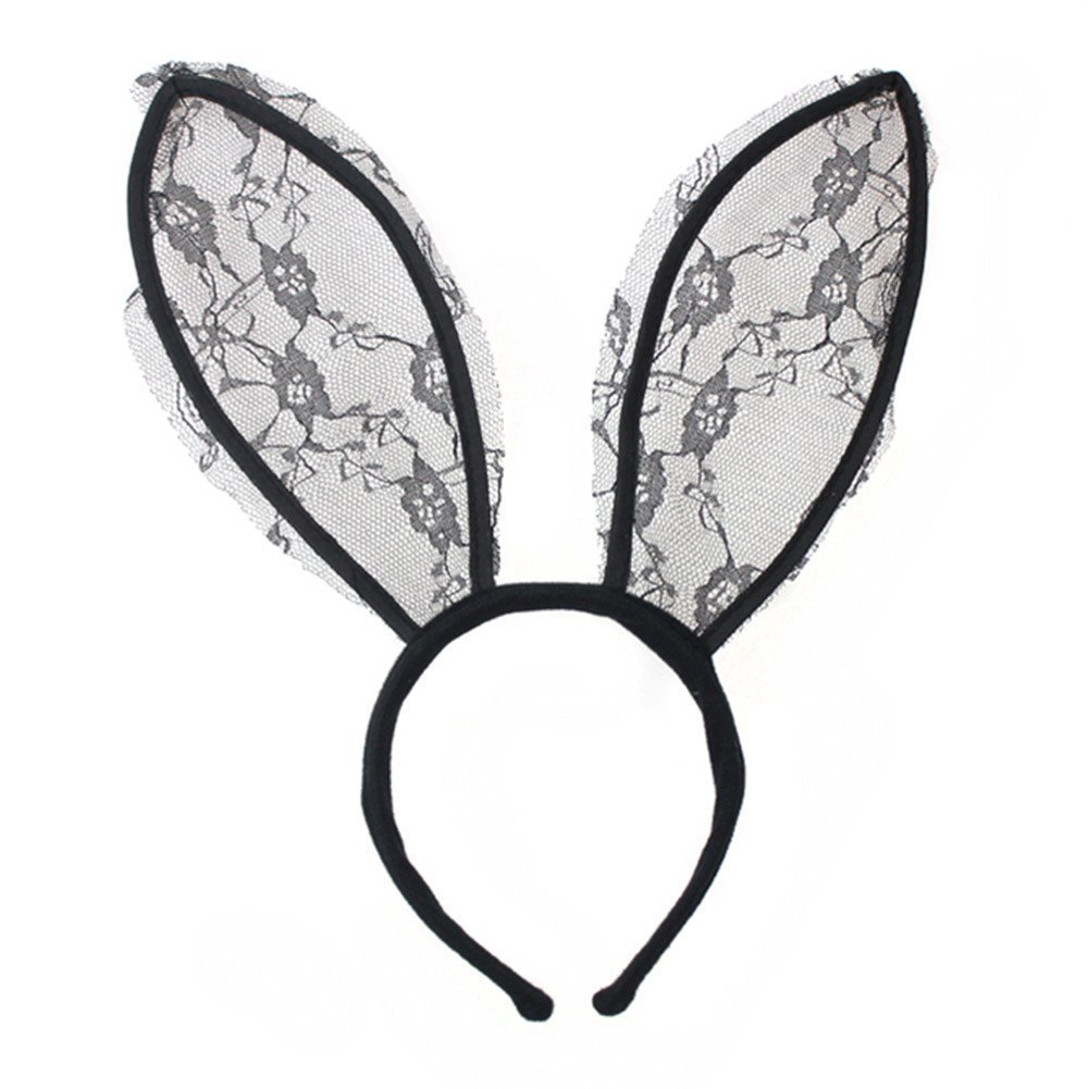 She's Shining Women Sexy Lace Bunny Rabbit Ears Headband Fancy Dress Costume Party Cosplay Hair Accessories - Black