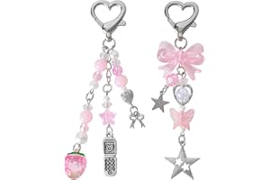 Dokpav 2 PCS Y2K Mobile Phone Charms, Cute Pink Wrist Strap, Strawberry Pendants Butterfly Star Keychains, Backpack Decoratio