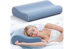 Ruizman Contoured Memory Foam Pillows with 2 Heights - Cooling Cervical Neck Pillow for Sleeping - Ergonomic Soft Bed Pillows for Side Back Sleepers (Misty Blue)