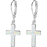 EVER FAITH 925 Sterling Silver Cross Earrings Created Opal Dangle Leverback Earring Minimalist Church Jewelry