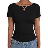 GKBK Women's Boat Neck Tops Ribbed Short Sleeve T-Shirts Slim Fitted Tight Y2k Basic Tee Spring Clothes 2026 Summer Trendy