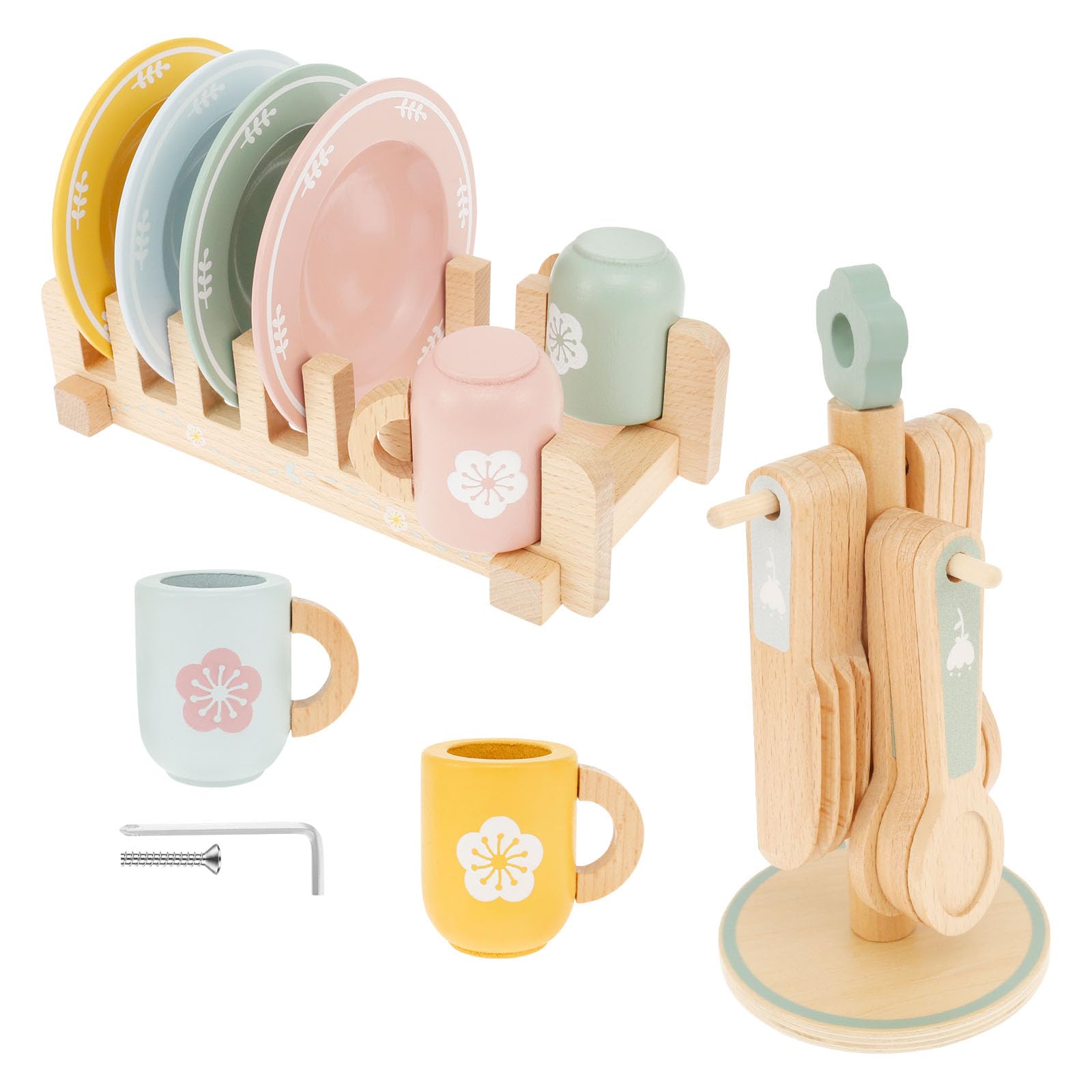 Gatphy Wooden Kitchen Toys, 22 Pcs Kid Wooden Dinnerware Toy Set, Wood Kids Kitchen Playset, Funny Toddler Cutlery Rack & Dish Rack Children Cutlery and Plate Toy Set for 3-5 Years Old