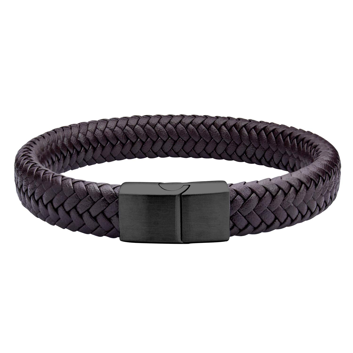 555Jewelry Mens Bracelets Leather and Steel, Magnetic Clasp Braided Brown Leather Bracelets for Men, Mens Leather Bracelet, Men Bracelets, Black, 9 Inch