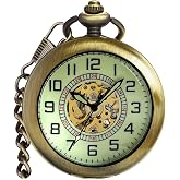 Mechanical Pocket Watch for Men with Chain Hand Wind Up Analog Womens Watch | Vintage steampunk classic old-school look,Outer glass dial magnifies dial,Easy reading,Detachable waist chain+Luxury gift box